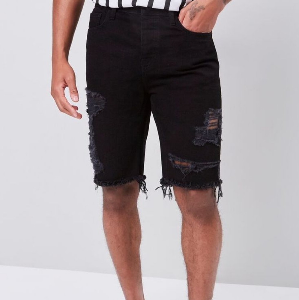 Forever 21 Black Button Fly Ripped Frayed Denim Shorts 34